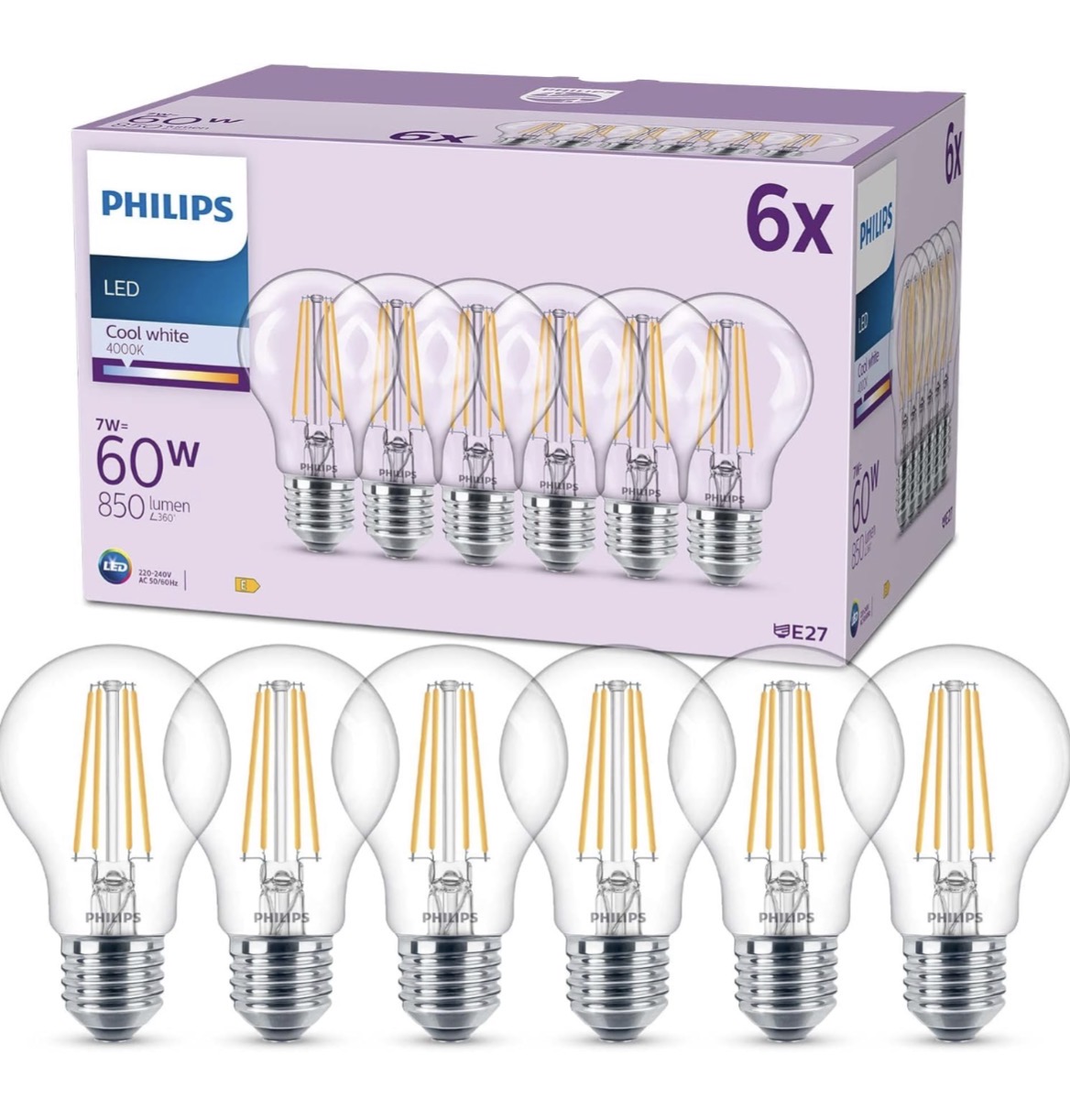 Philips LED Lampadina - Cool White 60W E27- 6 Pezzi
